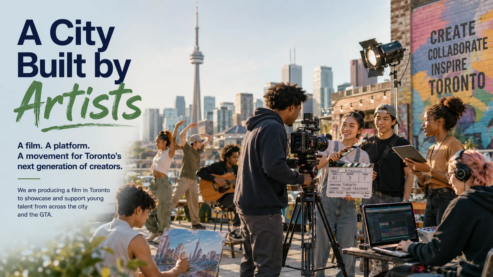 Young creators filming, dancing and making art on a Toronto rooftop with the skyline behind them.