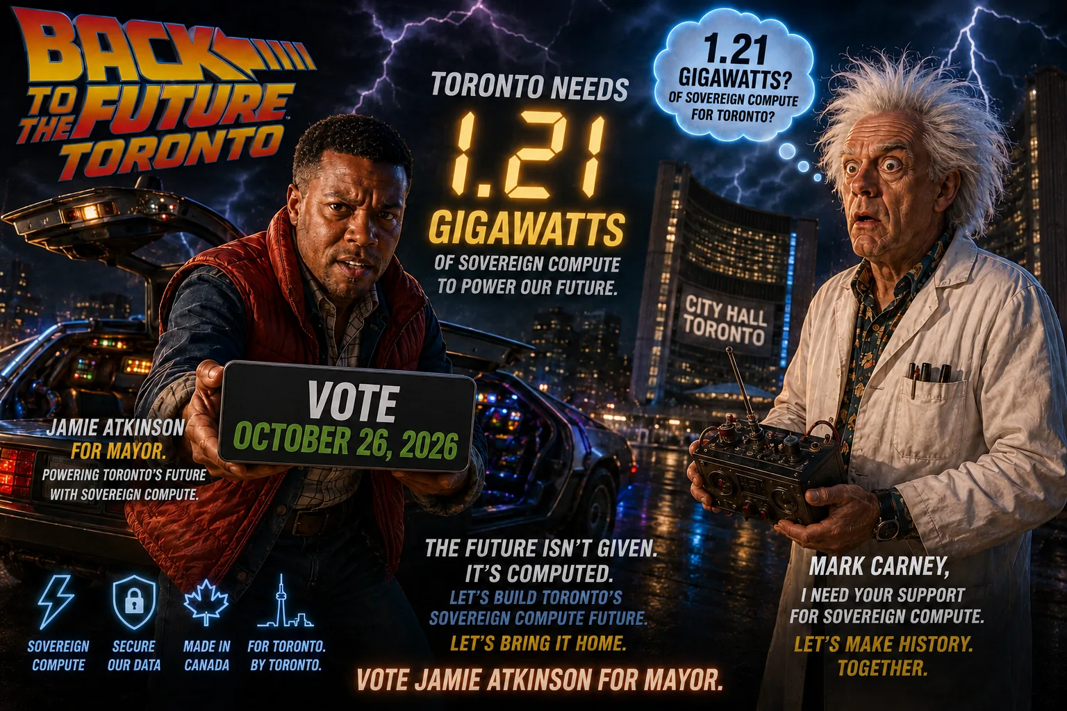 A cinematic Back to the Future inspired Toronto campaign visual about sovereign compute and building the future.
