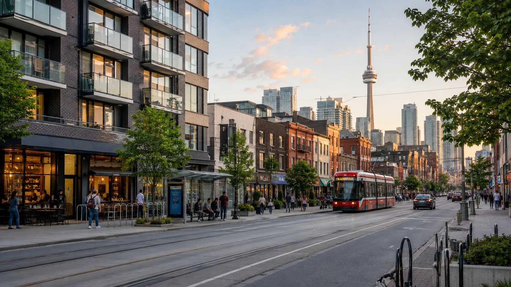 A complete Toronto street with streetcar service, shops, homes and the CN Tower at dusk.