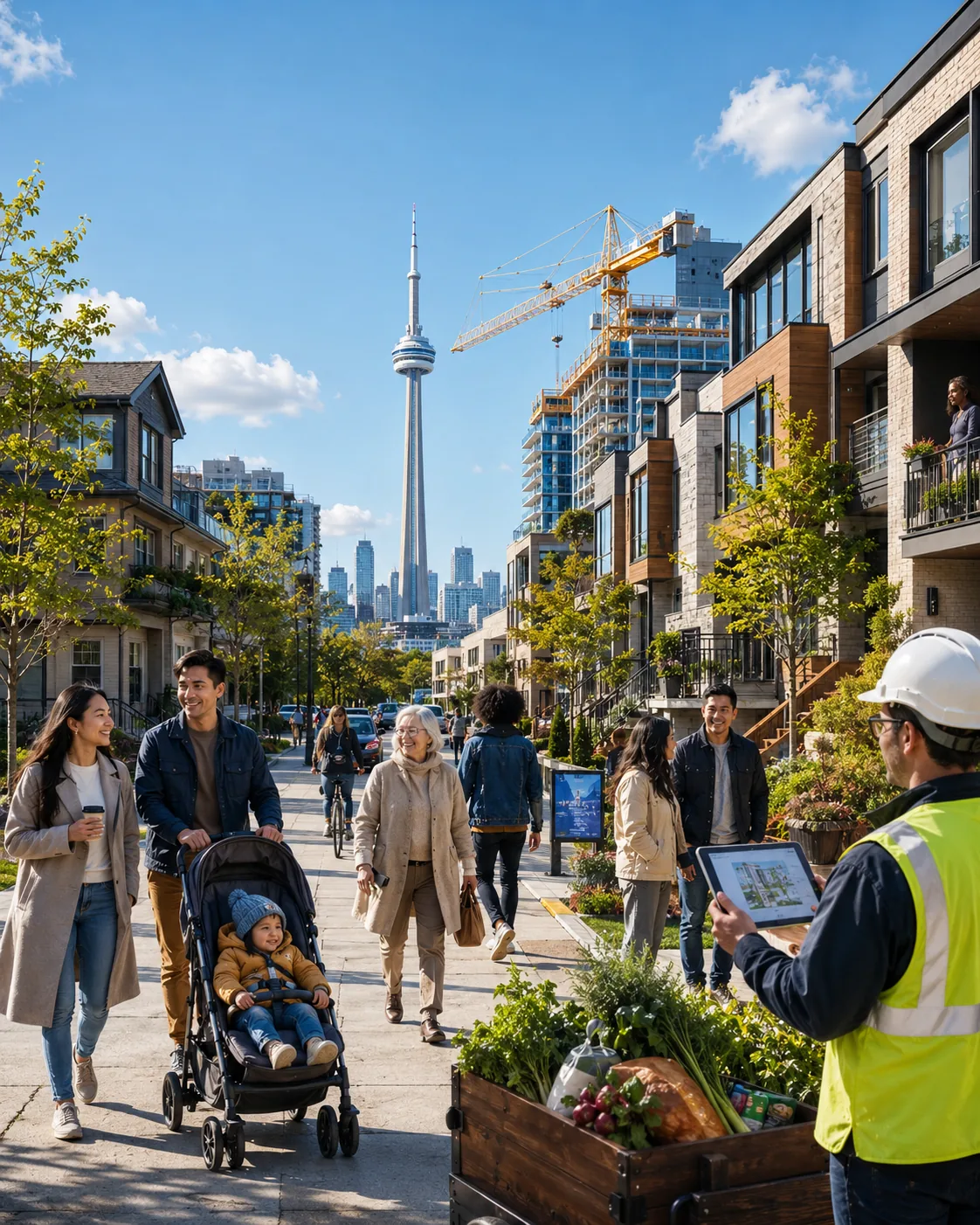 A bright Toronto street with families, workers, new homes and the CN Tower, representing a better Toronto built neighbourhood by neighbourhood.