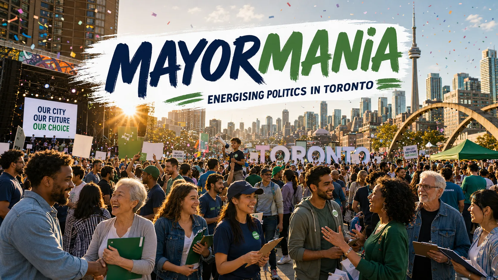 A large Toronto civic rally with volunteers and residents at sunset for MayorMania.