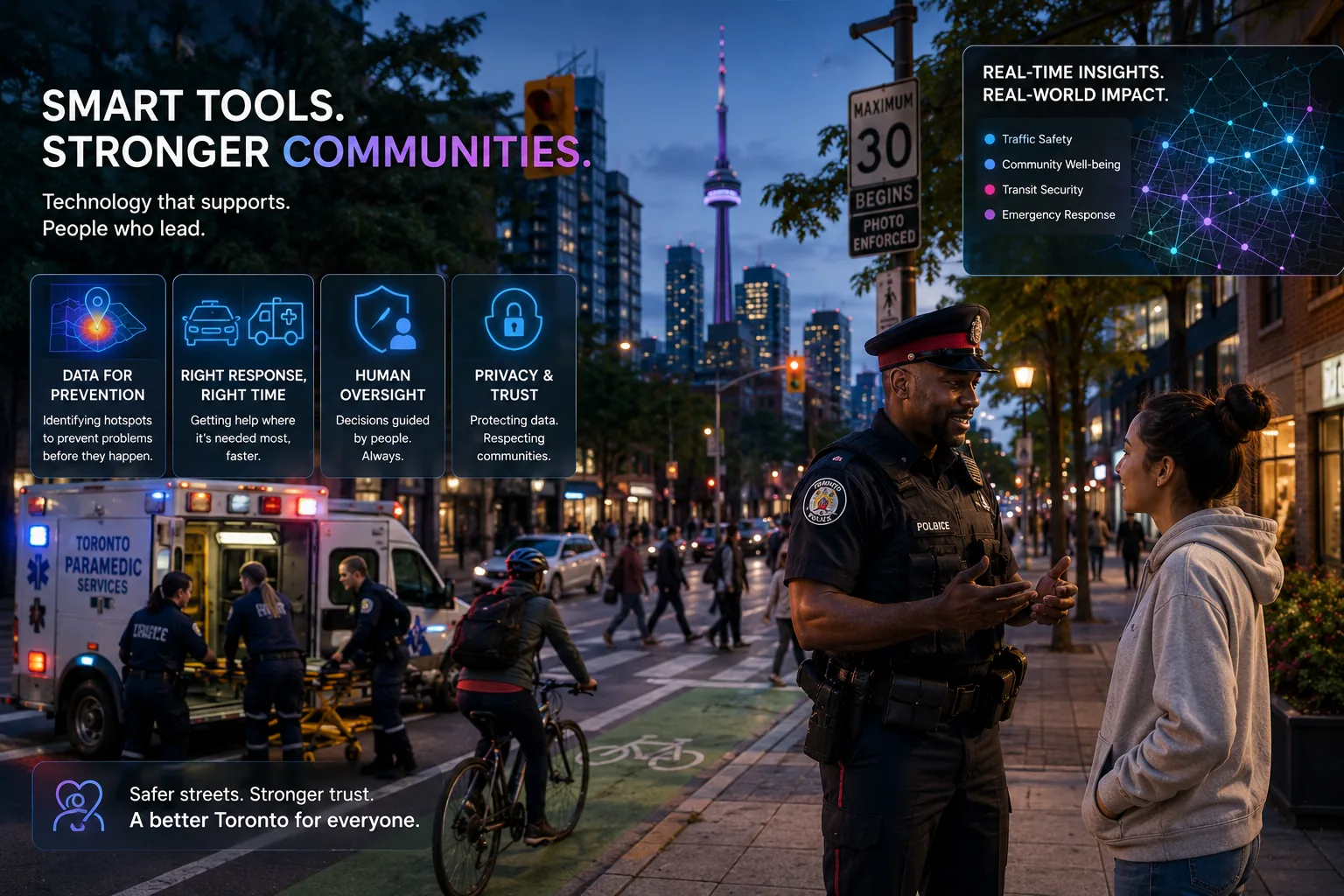 Toronto street scene with emergency response, police, paramedics and smart public safety data overlays.