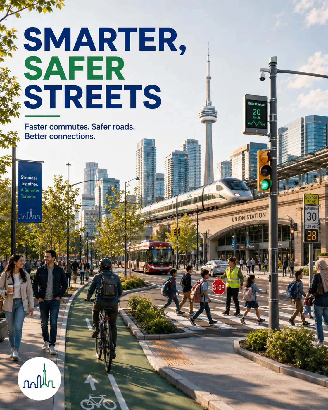 A safer Toronto street with bike lanes, Union Station, school crossing and smart speed signs.